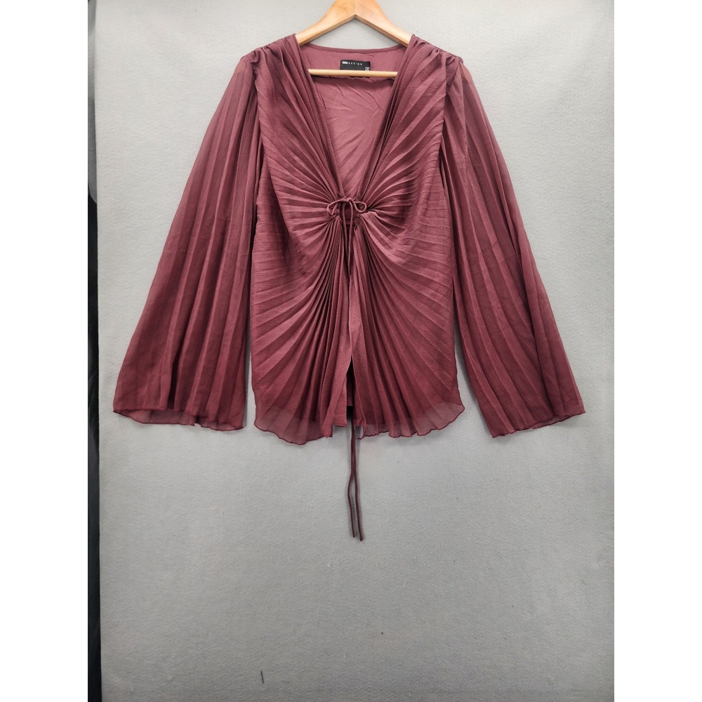 ASOS DESIGN Pleated Bell Sleeve Blouse Mauve Berry V-Neck Boho Chiffon Top US 12